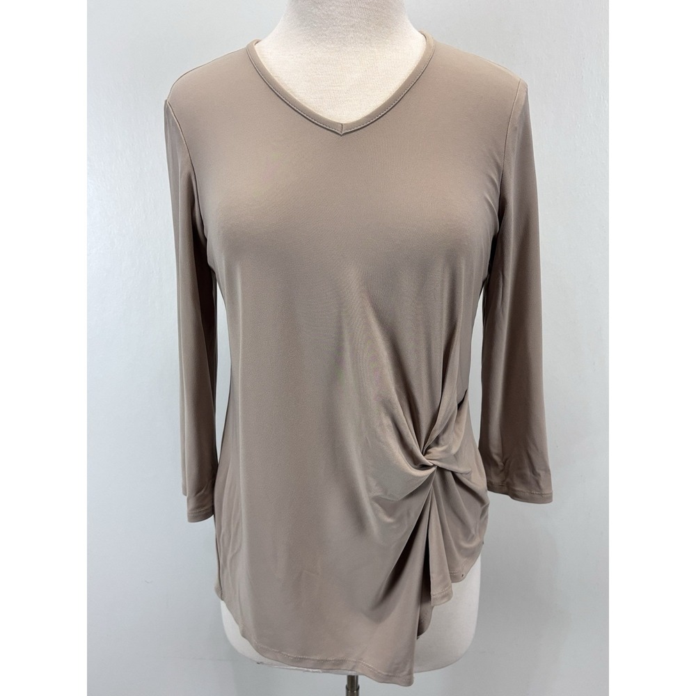 Joseph Ribkoff Twist Front Blouse Shirt Sz 8 Women's Tan Stretch 3/4 Sleeve READ